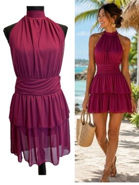 Berry Magenta Halter Mini Dress Ruched Waist Tiered Chiffon Open Back Size L